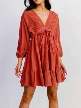 Baltic Born | Amelia Boho Rust Tie-Front Tiered Mini Dress | Sz XS